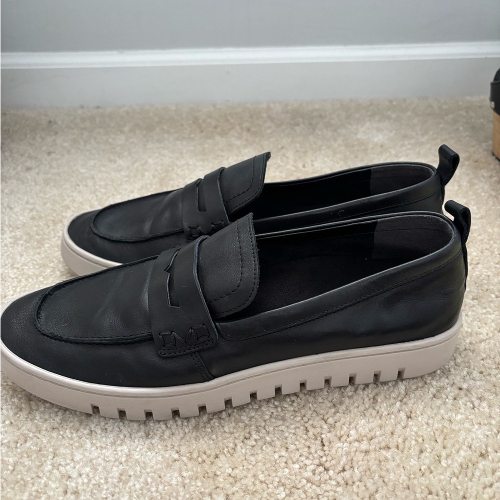 Vionic Uptown Black Leather Slip-On penny Loafer style with Chunky White Sole